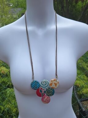 Multicolor Disc Statement Necklace with Cream Cord - Women Jewelry